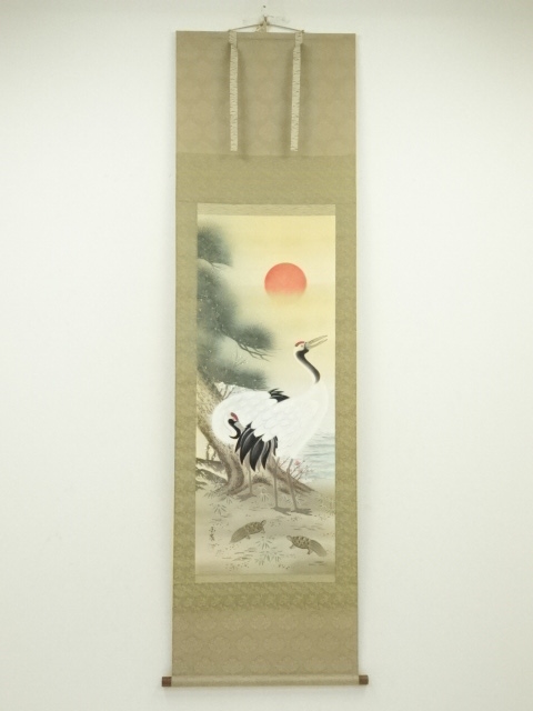 JAPANESE HANGING SCROLL / HAND PAINTED / CRANE WITH TURTLE